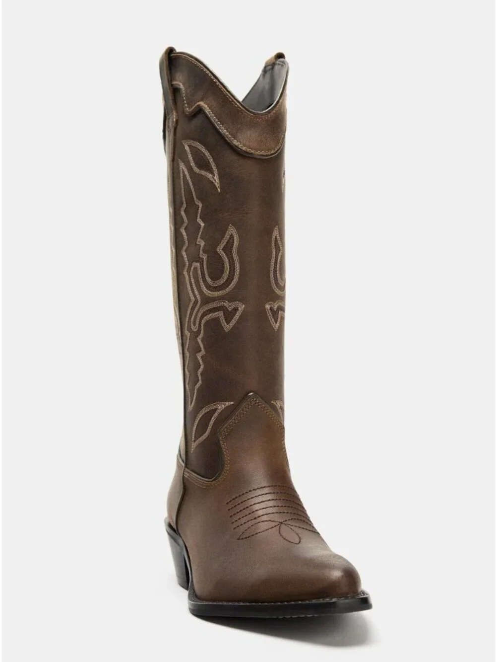 ZARA Tall Leather Cowboy Boots | Distressed Brown | Embroidered | NWT | Size